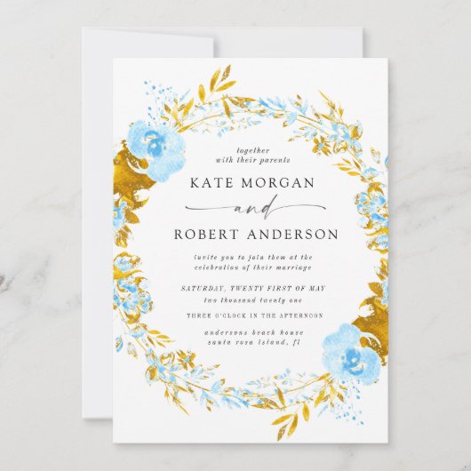 luxueus goudturquoise floral bruiloft uitnodiging (Voorkant)