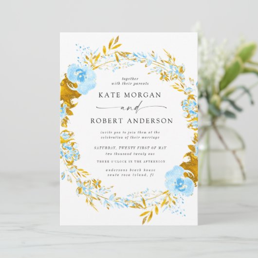 luxueus goudturquoise floral bruiloft uitnodiging (Staand voorkant)