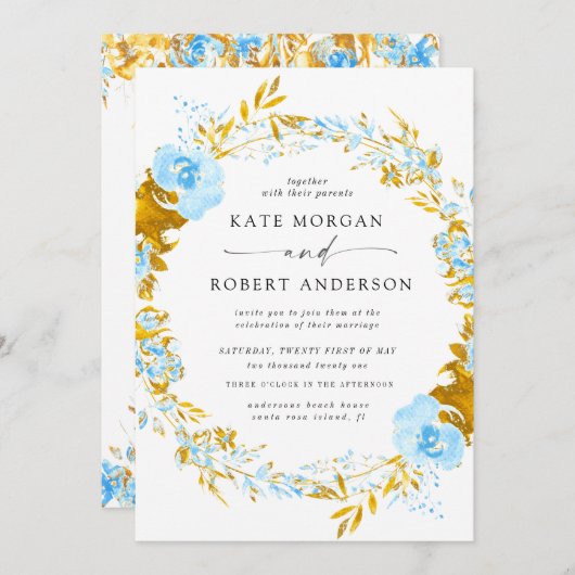 luxueus goudturquoise floral bruiloft uitnodiging (Voorkant / Achterkant)