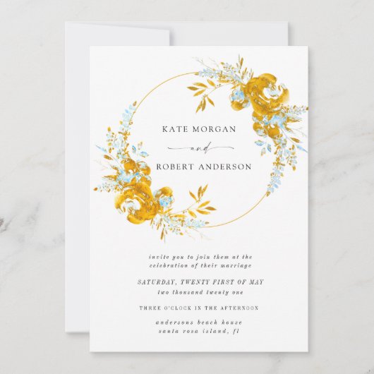 luxueus goudturquoise floral bruiloft uitnodiging (Voorkant)