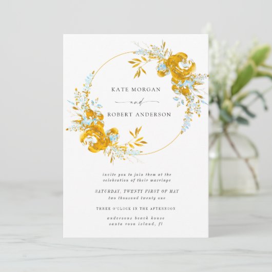 luxueus goudturquoise floral bruiloft uitnodiging (Staand voorkant)