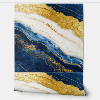 Luxueus marineblauw & bladgoud marmer behang