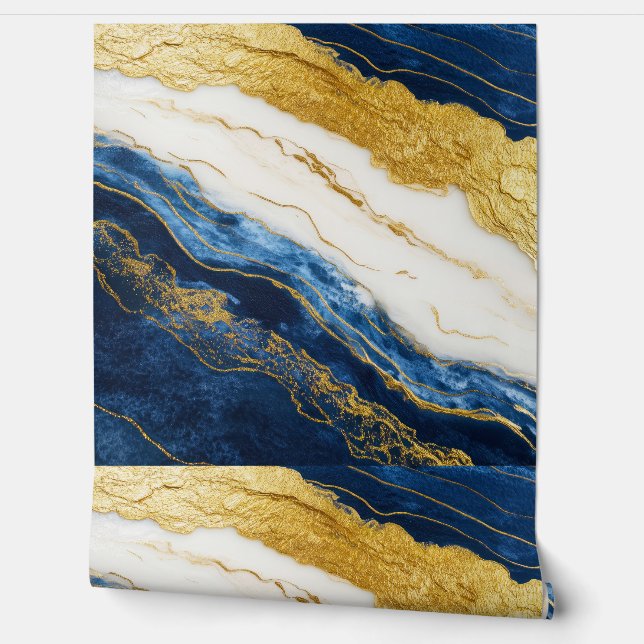 Luxueus marineblauw & bladgoud marmer behang (Afrollen)