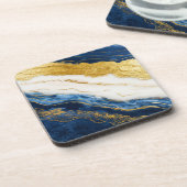 Luxueus marineblauw & bladgoud marmer bier onderzetter (Linkerzijde)