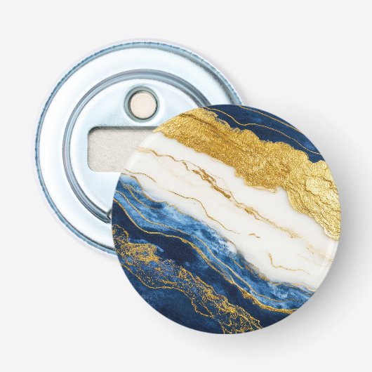 Luxueus marineblauw & bladgoud marmer button flesopener (Voorkant)