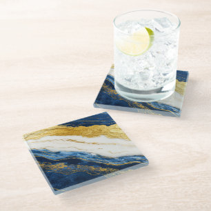 Luxueus marineblauw & bladgoud marmer glazen onderzetter