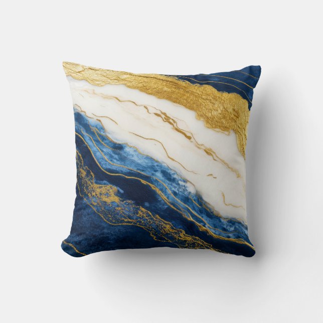 Luxueus marineblauw & bladgoud marmer kussen (Voorkant)