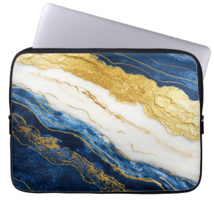 Luxueus marineblauw & bladgoud marmer laptop sleeve