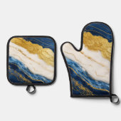 Luxueus marineblauw & bladgoud marmer ovenwant & pannenlap set (Voorkant)