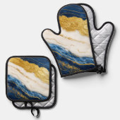 Luxueus marineblauw & bladgoud marmer ovenwant & pannenlap set (Voorkant / Achterkant)