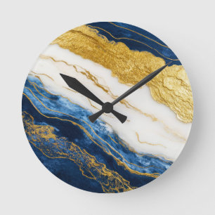 Luxueus marineblauw & bladgoud marmer ronde klok