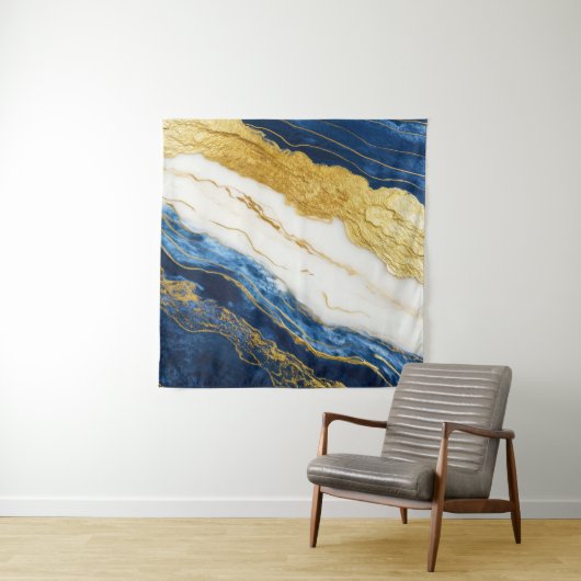 Luxueus marineblauw & bladgoud marmer wandkleed (In situ)