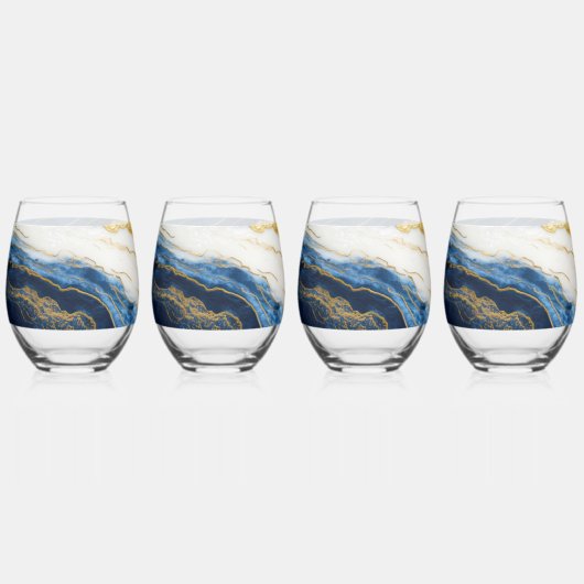 Luxueus marineblauw & bladgoud marmer wijnglas zonder voet (Voorkant)