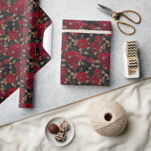 Luxueus Red Rose & Gold Leaf Patroon op Zwart Cadeaupapier