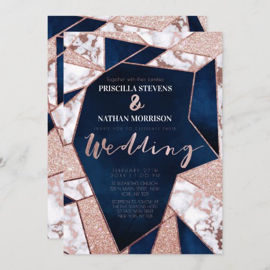 Luxueus Roos Gold Glitter Geo Marble Wedding Kaart (Voorkant / Achterkant)