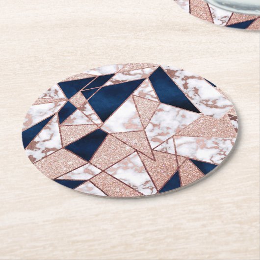 Luxueus Roos Gold Glitter Geometric Marble Ronde Kartonnen Onderzetter (Gebogen)