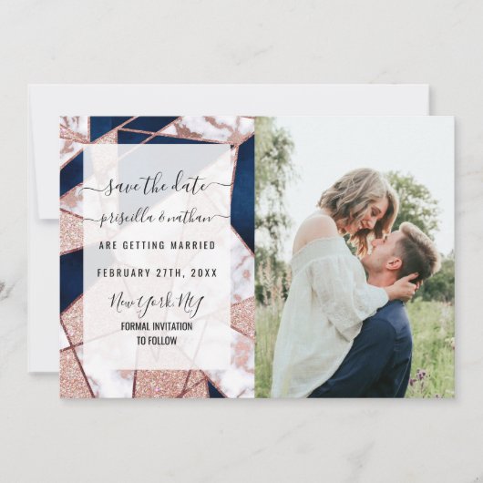 Luxueus Roos Gold Glitter Geometric Marble Save The Date (Voorkant)