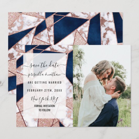 Luxueus Roos Gold Glitter Geometric Marble Save The Date (Voorkant / Achterkant)