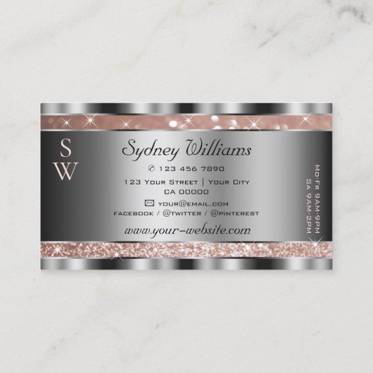 Luxueus Roos Gold Glitter Stars Monogram Silver Visitekaartje (Achterkant)