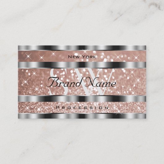 Luxueus Roos Gold Glitter Stars Monogram Silver Visitekaartje (Voorkant)