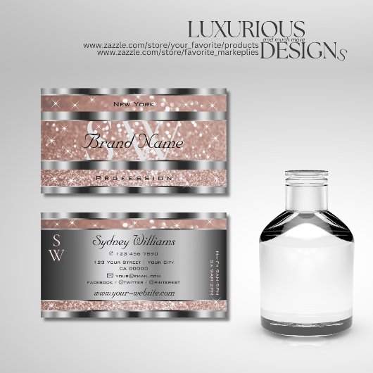 Luxueus Roos Gold Glitter Stars Monogram Silver Visitekaartje