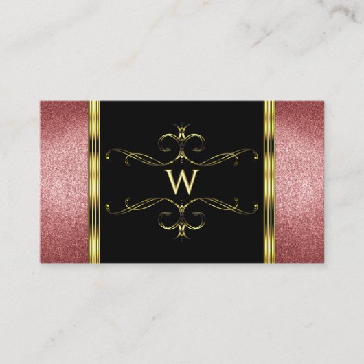 Luxueus zwart goud met rood glitter en monogram visitekaartje (Voorkant)