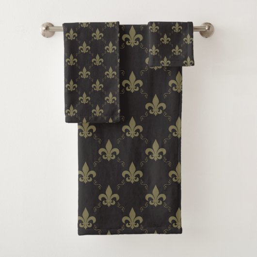 Luxueus zwart goudvleur De Lis Pattern Bad Handdoek (Insitu)
