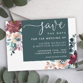 Luxueuze Blauwgroen Bourgogne Floral Save the Date