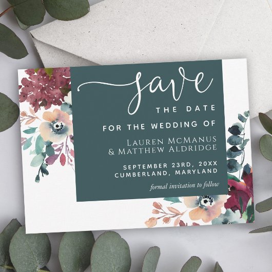 Luxueuze Blauwgroen Bourgogne Floral Save the Date