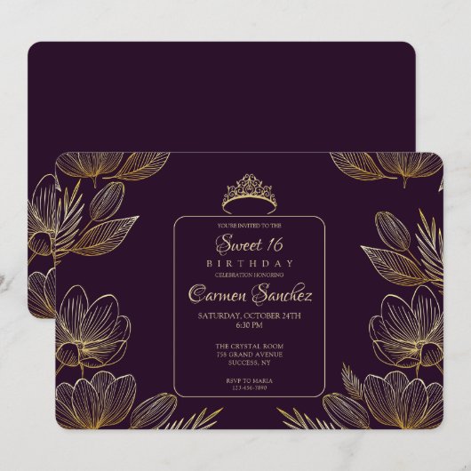 Luxueuze Bloemrijke Sweet Sixteen Kaart (Voorkant / Achterkant)