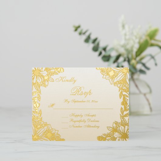 Luxueuze Ivoren Gouden Script Trouw RSVP Kaart (Staand Voorkant)