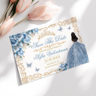 Luxueuze jurk babyblauwe gouden prinses Quinceaner Save The Date