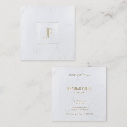 Luxueuze marmer Moderne Sjabloon Gold Monogram Vierkante Visitekaartje (Voorkant / Achterkant)