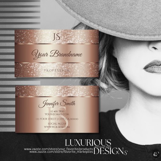 Luxueuze Roos Gold Sparkle Glitter en Initialen Visitekaartje