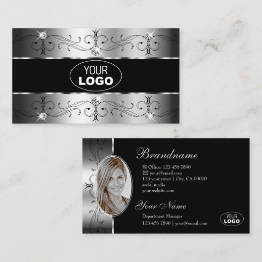 Luxueuze Silver Black Borders Logo en foto's Visitekaartje (Voorkant / Achterkant)