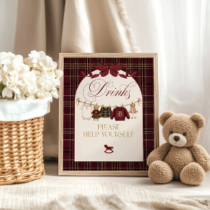 Luxueuze teddybeer babyshower meisje geruite drank poster