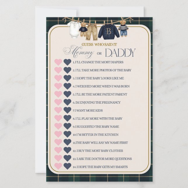 Luxueuze teddybeer geruite babyshower spel (Voorkant)