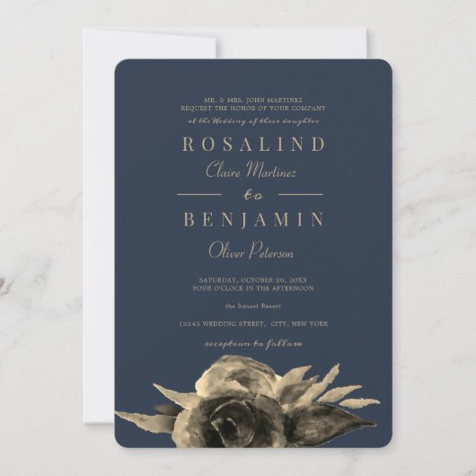 Luxueuze unieke marineblauwe gouden bruiloft kaart (Voorkant)