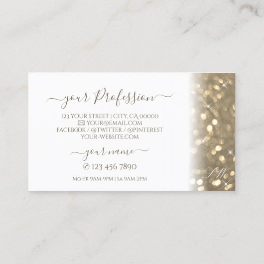 Luxueuze witte goudmousserende glittermonogram visitekaartje (Achterkant)