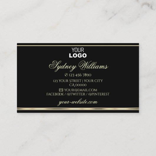 Luxueuze zilverglitter Logo zwarte gouden rand Visitekaartje (Achterkant)
