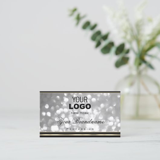 Luxueuze zilverglitter Logo zwarte gouden rand Visitekaartje (Staand voorkant)