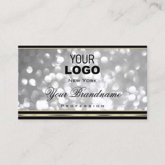 Luxueuze zilverglitter Logo zwarte gouden rand Visitekaartje (Voorkant)