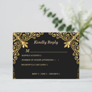 Luxueuze Zwarte en Gouden Vintage RSVP Kaart