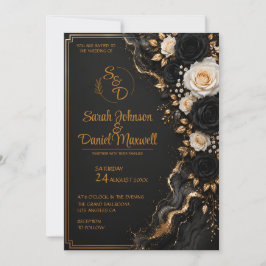 Luxueuze Zwarte Gouden Trouwuitnodiging Template 3 Kaart