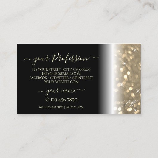 Luxueuze zwarte goudzige glitterInitialen Visitekaartje (Achterkant)