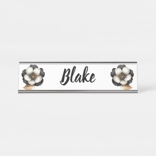 Luxueuze zwarte ivoren bloemennaam bureau naambordje (Voorkant)