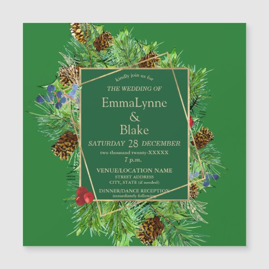 Luxuriant kerstfeest Greenery Gold Wedding Magnetische Uitnodiging (Voorkant)