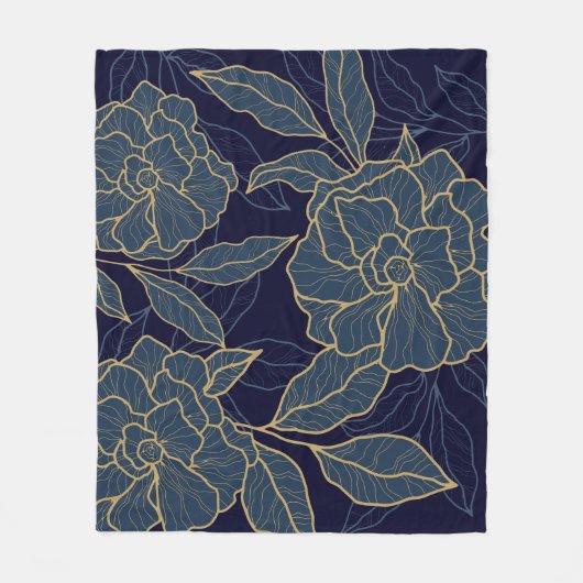 Luxurie Blue Navy Gold Flower Fleece Deken (Voorkant)