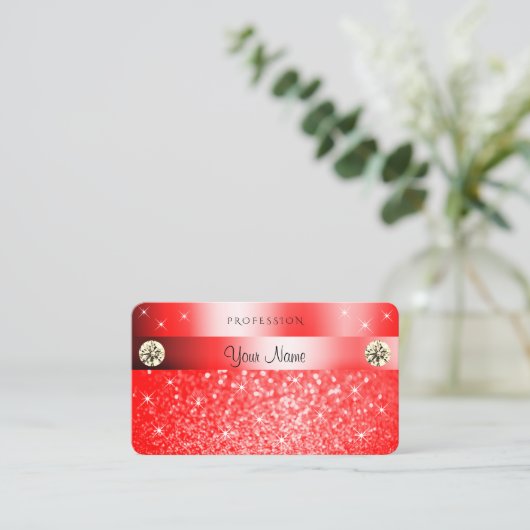 Luxurie Red Glitter Sparkle Stars Diamonds Visitekaartje (Staand voorkant)