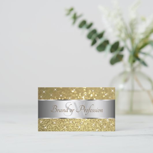 Luxurie Silver Gold Glitter Spark Stars Monogram Visitekaartje (Staand voorkant)